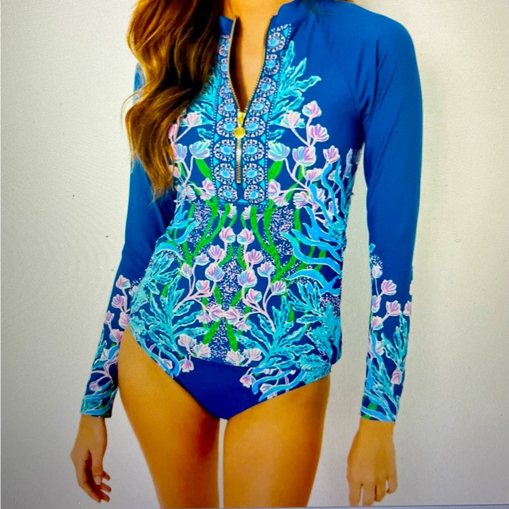 Lilly Pulitzer Blue Floral Long Sleeve Swim Top with Pink & Green Accents